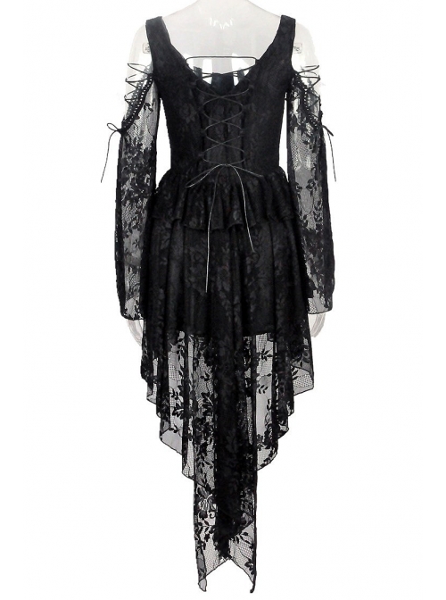 Black Off-Shoulder Button Row High Waisted Dovetail Lace Gothic Dress