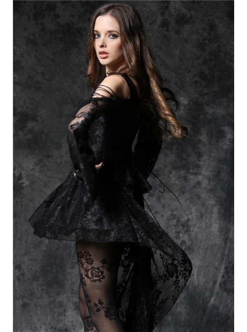Black Off-Shoulder Button Row High Waisted Dovetail Lace Gothic Dress