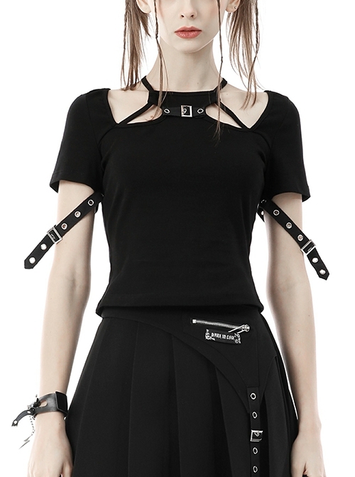 Punk Rock Girl Black Skinny Tie Eyelet Cuff Metal Breasted Short Sleeve Top