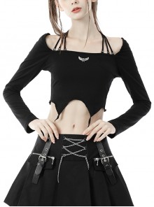 Punk Rock Black Multi-Rope Halterneck Neckline Metal Skull With Wings Embellished Off-The-Shoulder Long-Sleeve Top