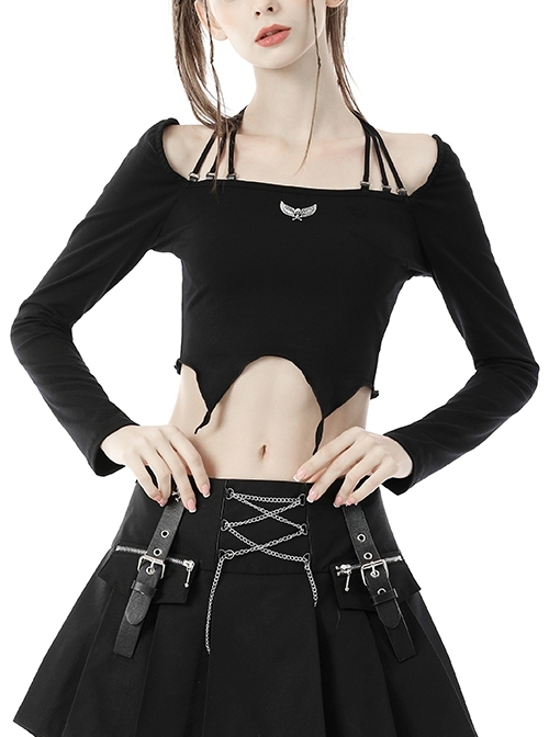 Punk Rock Black Multi-Rope Halterneck Neckline Metal Skull With Wings Embellished Off-The-Shoulder Long-Sleeve Top