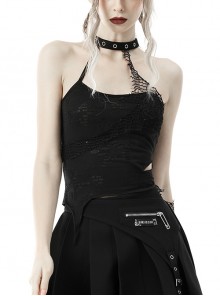 Punk Rock Black Sexy Metal Mesh Lace Lace-Up Off-The-Shoulder Open-Back Top