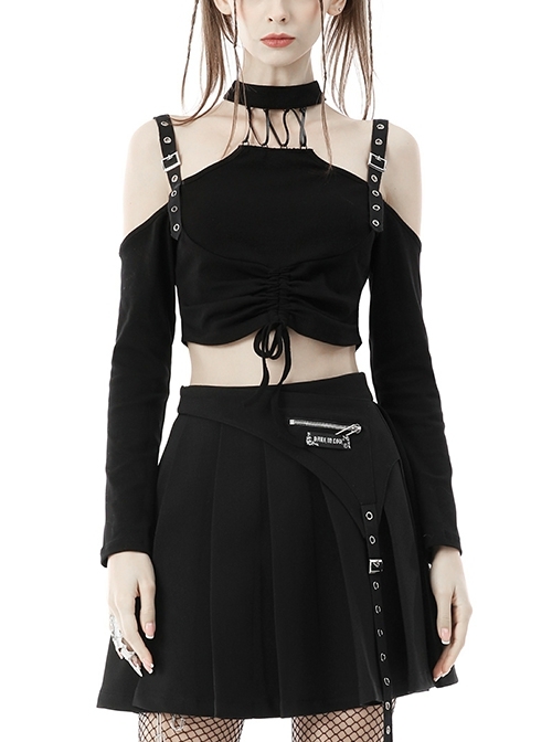 Punk Black Metal Eyelet Sling Sexy Off-The-Shoulder Long Sleeve Top