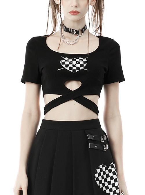 Punk Black Biker Check Heart Chain Cropped Crop Top