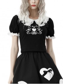 Punk Black Lolita Two Bears Lace Double Bow Neck Puff Sleeve Top