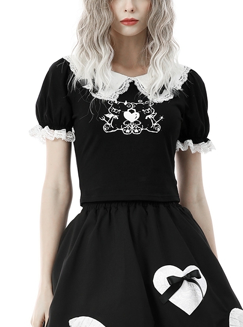 Punk Black Lolita Two Bears Lace Double Bow Neck Puff Sleeve Top