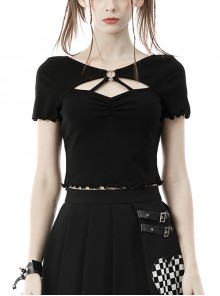 Black Punk Sexy Corset Pleated Metal Buckle Double Strap Wavy Lace Short Sleeve Top