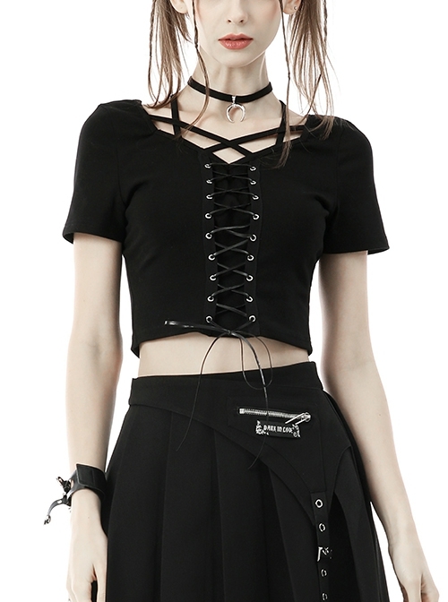 Metal Punk Black Eyelet Cord Tie Bow Rope Top Tight Short Sleeve Top