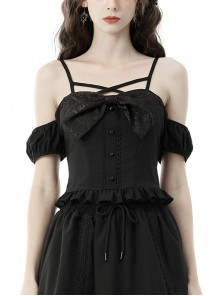 Black Gothic Lolita Oversized Bow Lace Print Sling Off Shoulder Puff Sleeve Ruffle Short Sleeve Top