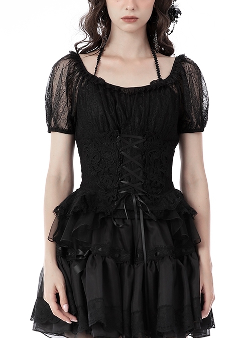 Gothic Black Premium Full Lace Sexy Sheer Waist Tie Puff Sleeve Tuxedo Top