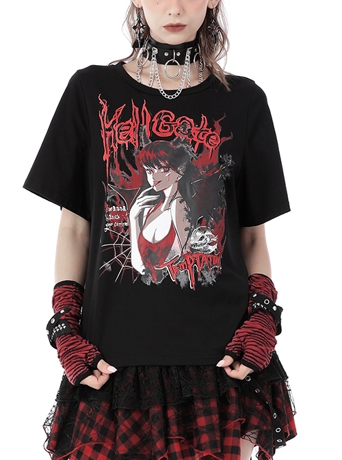 Black Red Devil Temptation Print Loose Short Sleeve T-Shirt