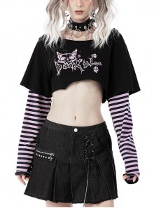Rebel Girl Cheshire Cat Violet Striped Long Sleeve Fake Two Piece Crop Top