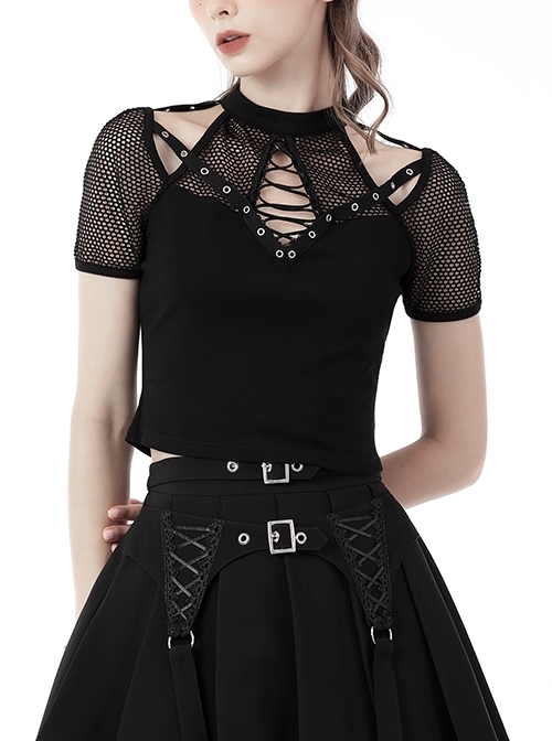 Rock Sexy Black Cutout Mesh Double Row Metal Eyelet Off Shoulder Short Sleeve Top