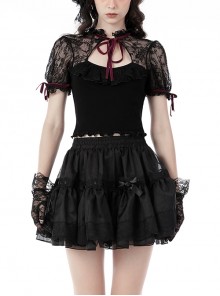 Gothic Red Velvet Ribbon Black Lace Puff Sleeve Ruffle Short Sleeve Top