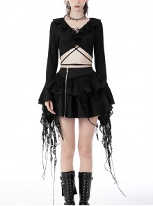 Gothic Witch Lace Ripped Flare Sleeve Ruffle Neck Tie Navel Long Sleeve Top