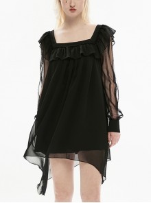 Gothic Black A-Shape Loose Ruffled Tulle Two Layer Lace Pattern Long Sleeve Dress