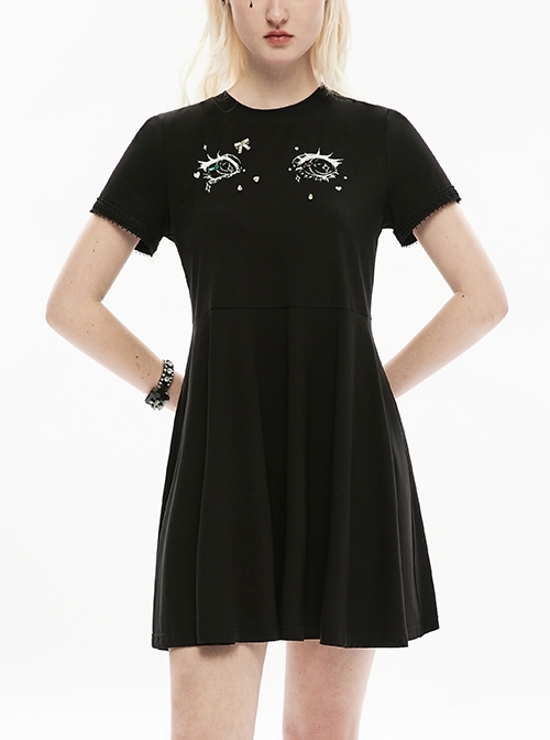 Black Punk Adjustable Waist 3D Eyes Screen Print Cuff Lace Short Sleeve Dress