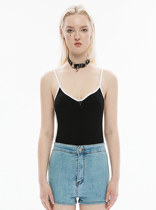 Punk Black And White Contrast Color Stitching Chest Skull Crow Head Decorative Buckle Suspender Top