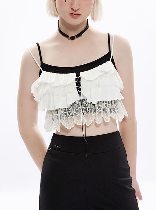 Dark Gothic Lace Staggered Stitching Fungus Lace Chest V-Shaped Straps Halter Top