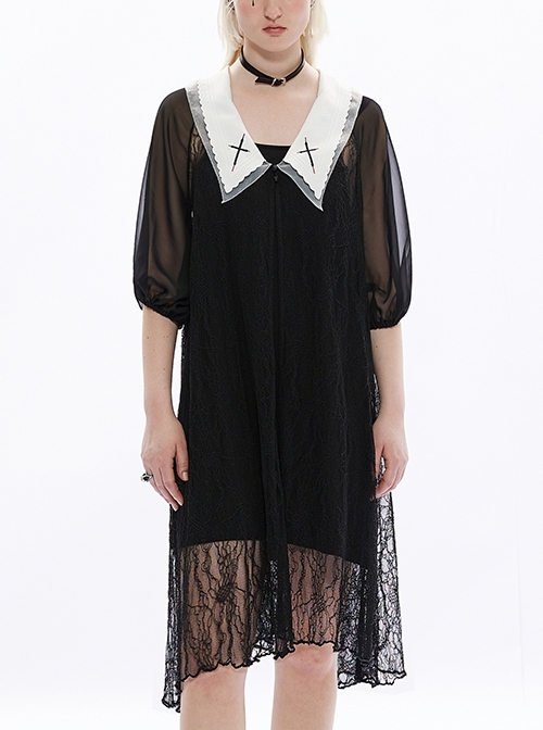 Gothic Embroidered Double Contrast Lapel Mid Sleeve Puff Sleeve Loose Top