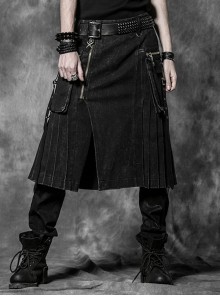 Punk Rock Denim Large Pocket Metal Zip Pleated Skirt