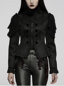 Gothic Gorgeous Lace Jacquard Double Row Velvet Button Metal Zip-Back Lace-Up Jacket
