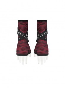 Punk Black Red Studded Elasticity Long Half-Finger Gloves