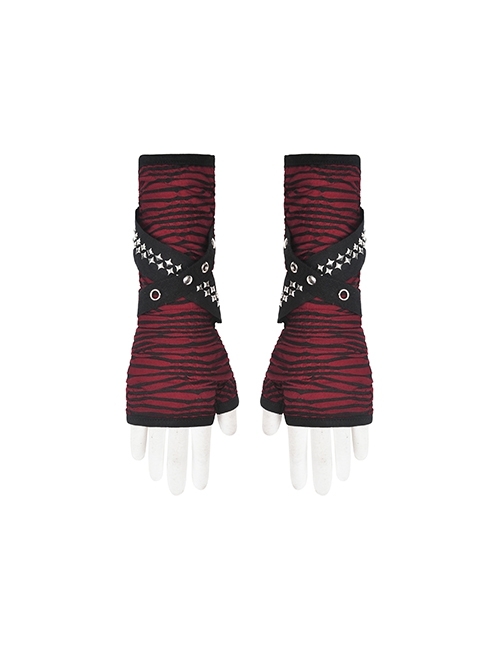 Punk Black Red Studded Elasticity Long Half-Finger Gloves