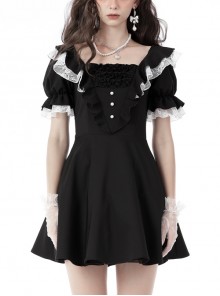 Gothic Princess Contrast Color Sweet And Fresh Lotus Leaf Collar Short Sleeve Black Slim Dress