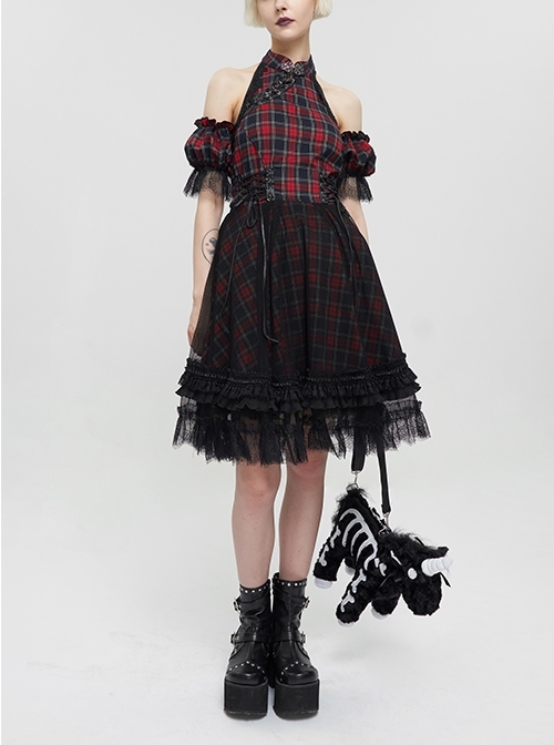 Red Plaid Chinese Style Cheongsam Collar Off The Shoulder Oversized Hem Punk Dress