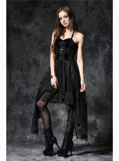 Black Side Long Collect Waisted Dead Soul Cross Sling Gothic Dress