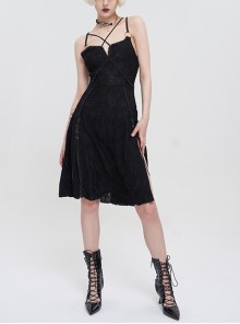 Black Suspenders Slit Hem Wave Stretch Fabrics Punk Short Dress