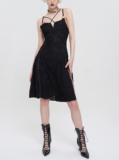 Black Suspenders Slit Hem Wave Stretch Fabrics Punk Short Dress