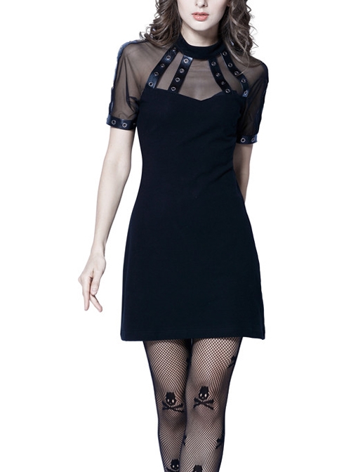 Black Corns Row Straps Chiffon Sexy Gothic Tee Dress
