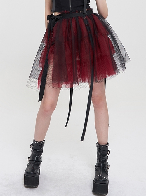 Black Red Mesh Ruffles Punk Rock Short Skirt