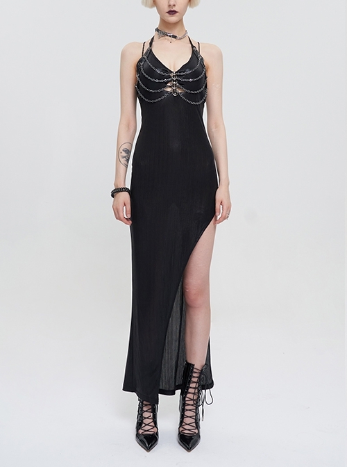 Black Chest Cutout Chain Halter Neck Lace High Slit Punk Long Dress