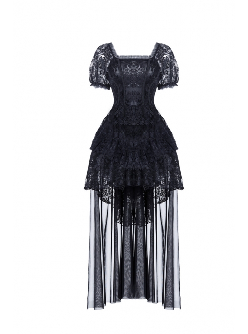 Black Lolita Puff Sleeves High Waisted Long Side Tail Lace Gothic Dress