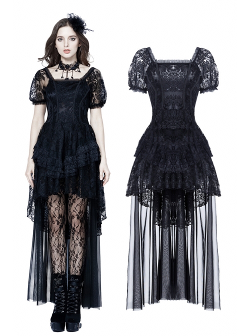 Black Lolita Puff Sleeves High Waisted Long Side Tail Lace Gothic Dress
