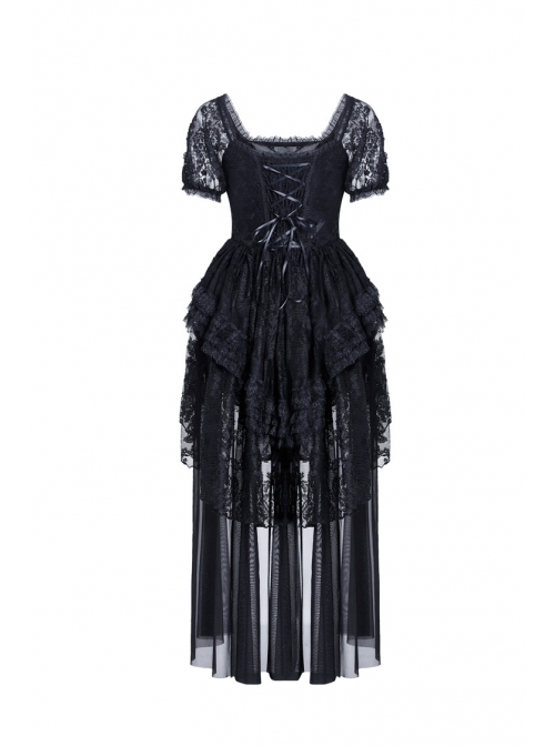 Black Lolita Puff Sleeves High Waisted Long Side Tail Lace Gothic Dress