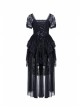 Black Lolita Puff Sleeves High Waisted Long Side Tail Lace Gothic Dress
