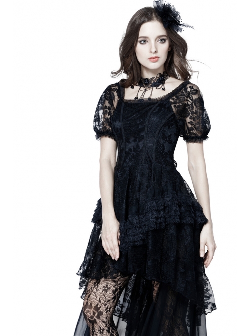 Black Lolita Puff Sleeves High Waisted Long Side Tail Lace Gothic Dress