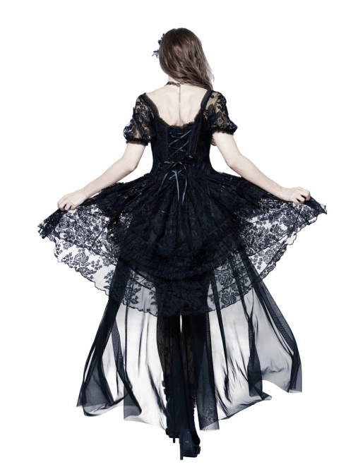 Black Lolita Puff Sleeves High Waisted Long Side Tail Lace Gothic Dress