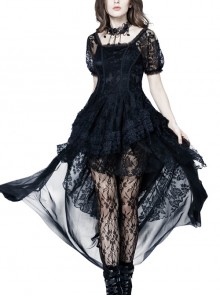 Black Lolita Puff Sleeves High Waisted Long Side Tail Lace Gothic Dress
