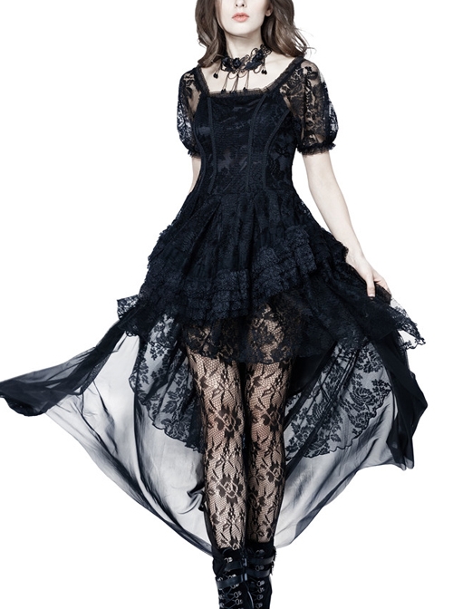 Black Lolita Puff Sleeves High Waisted Long Side Tail Lace Gothic Dress