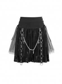 Black Cross Print Side Waist Straps Detachable Metal Chain Punk Skirt
