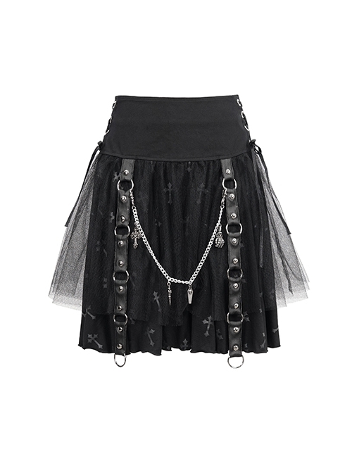 Black Cross Print Side Waist Straps Detachable Metal Chain Punk Skirt
