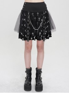 Black Knitted Fabric White Cross Print Side Waist Straps Detachable Metal Chain Punk Skirt