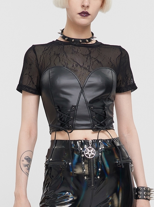 Black Mesh-Paneled Matte Leather Tube Top Crew Neck Punk Short Sleeve