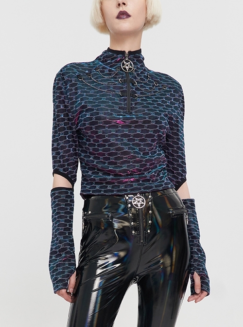 Mesh Fabric Front Collar Pentagram Zipper Chain Collocation Punk Long Sleeve T-Shirt
