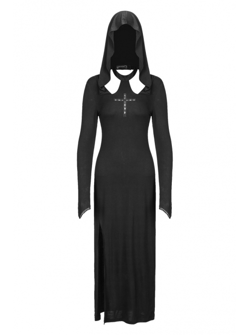 Black Hollow Cross Long Knitted Hooded Tight Gothic Dress